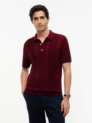 Short-Sleeve Cable Knit Sweater Polo, Burgundy