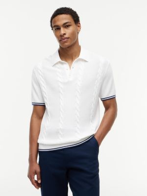 Short-Sleeve Cable Knit Sweater Polo, Optic White