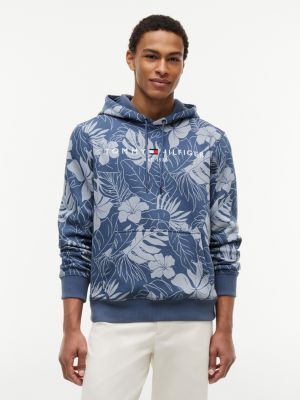 Tropical Print Brushed-Back Hoodie, Faded Indigo