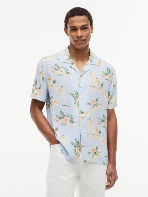 Regular Fit Floral Linen-Blend Camp Shirt, Sweet Blue