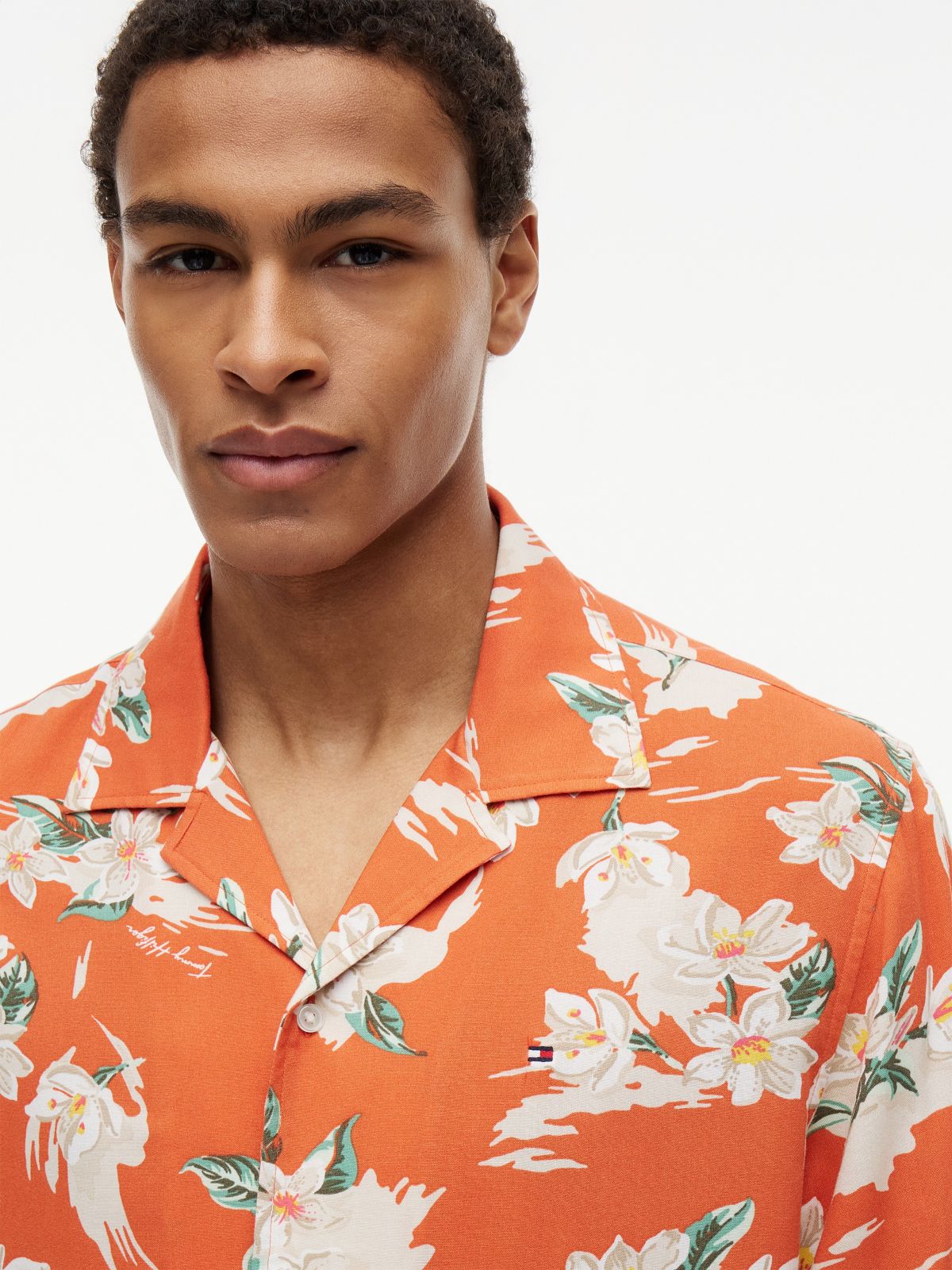 Regular Fit Floral Linen-Blend Camp Shirt — Brilliant Orange