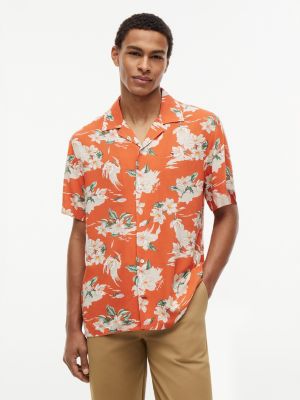 Regular Fit Floral Linen-Blend Camp Shirt, Brilliant Orange