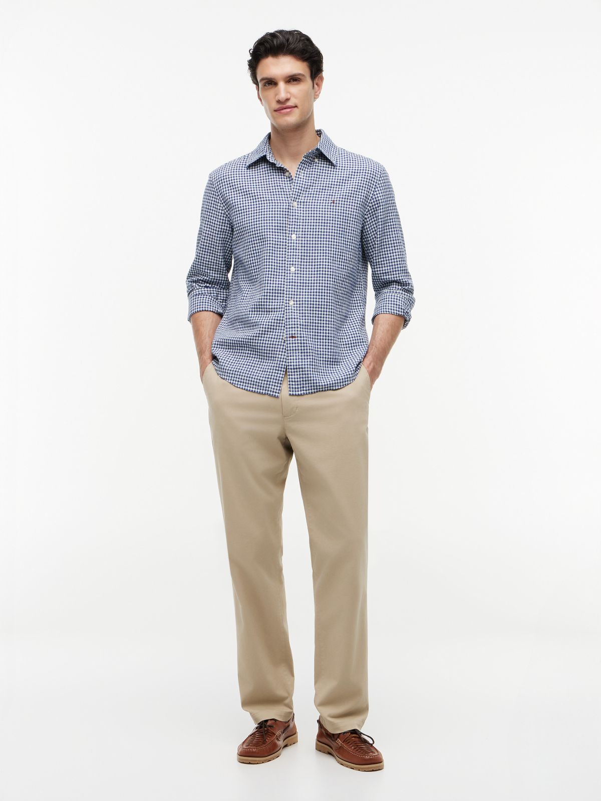 Regular Fit Gingham Linen-Blend Shirt — Navy