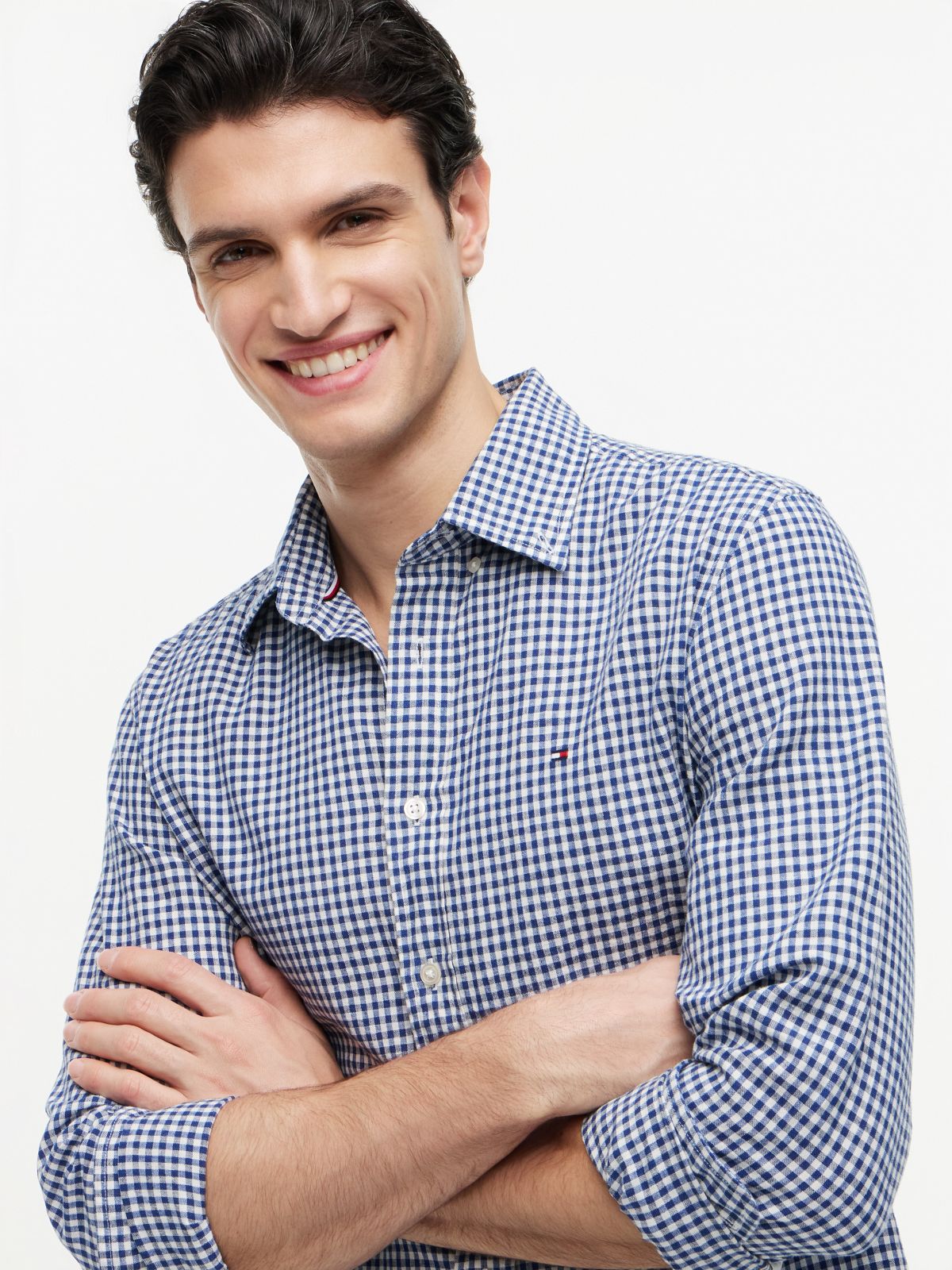 Regular Fit Gingham Linen-Blend Shirt — Navy