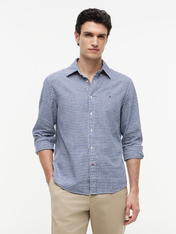 Regular Fit Gingham Linen-Blend Shirt — Navy