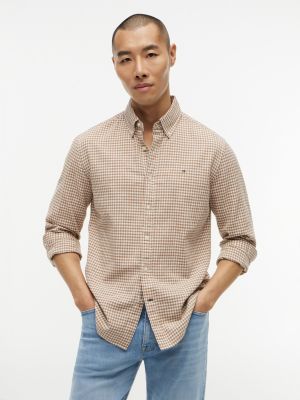 Regular Fit Gingham Linen-Blend Shirt, Iconic Camel