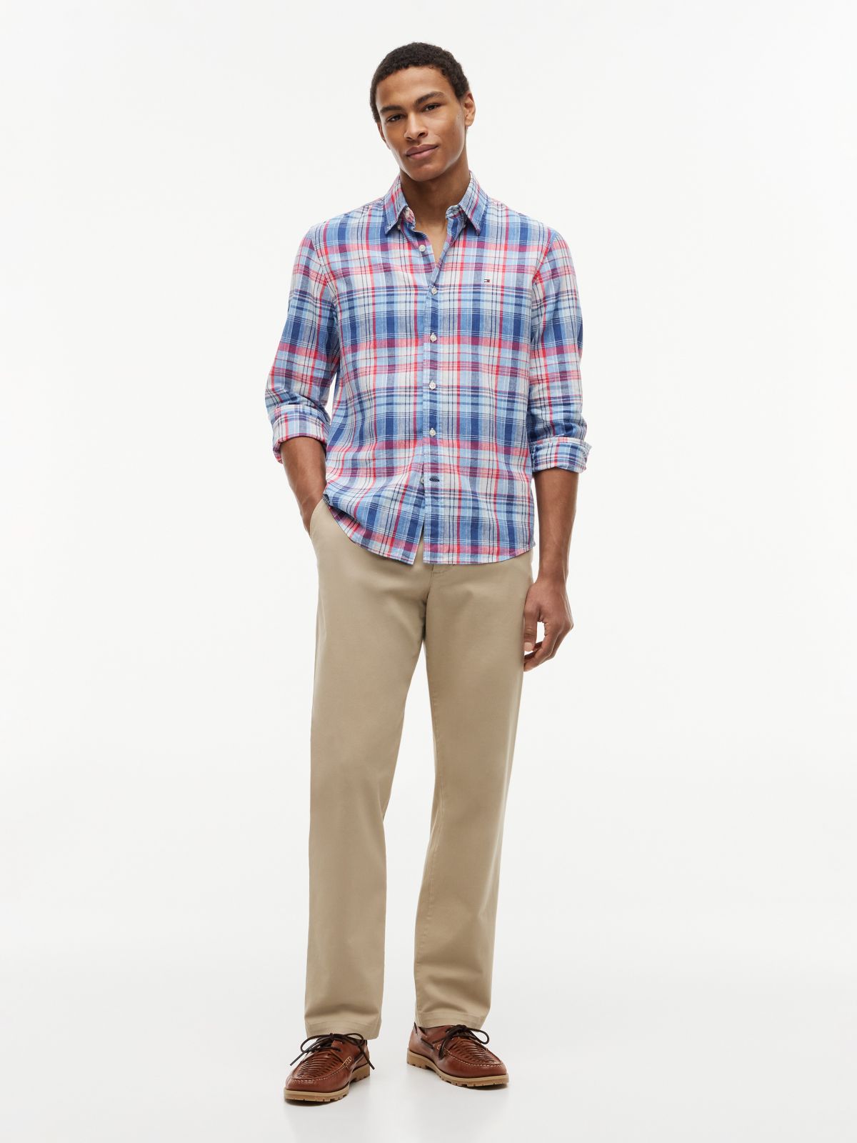 Regular Fit Plaid Linen-Blend Shirt — Optic White Multi