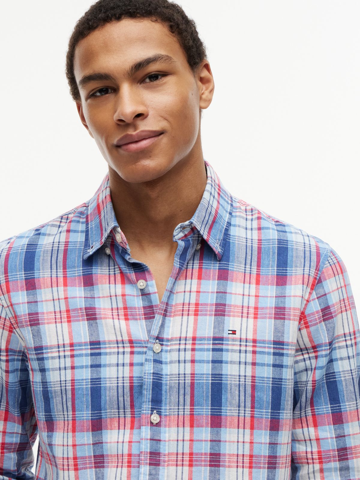 Regular Fit Plaid Linen-Blend Shirt — Optic White Multi