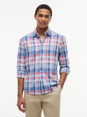 Regular Fit Plaid Linen-Blend Shirt, Optic White