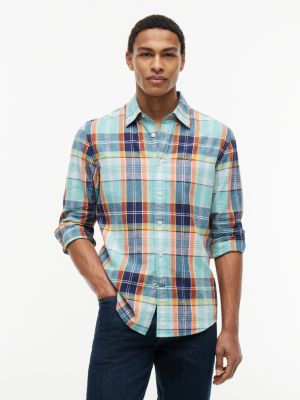 Regular Fit Madras Linen-Blend Shirt, Ocean Tide Multi
