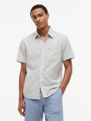 Regular Fit Striped Linen-Blend Shirt, Ghost Fern/White Stripe