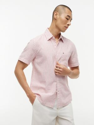 Regular Fit Striped Linen-Blend Shirt, Vintage Pink/White Stripe