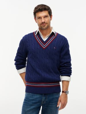 Relaxed Fit Cable Knit Cricket Sweater, Preppy Navy