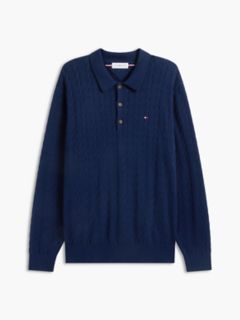Long-Sleeve Cable Knit Sweater Polo — Carbon Navy 5