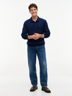 Long-Sleeve Cable Knit Sweater Polo — Carbon Navy 2