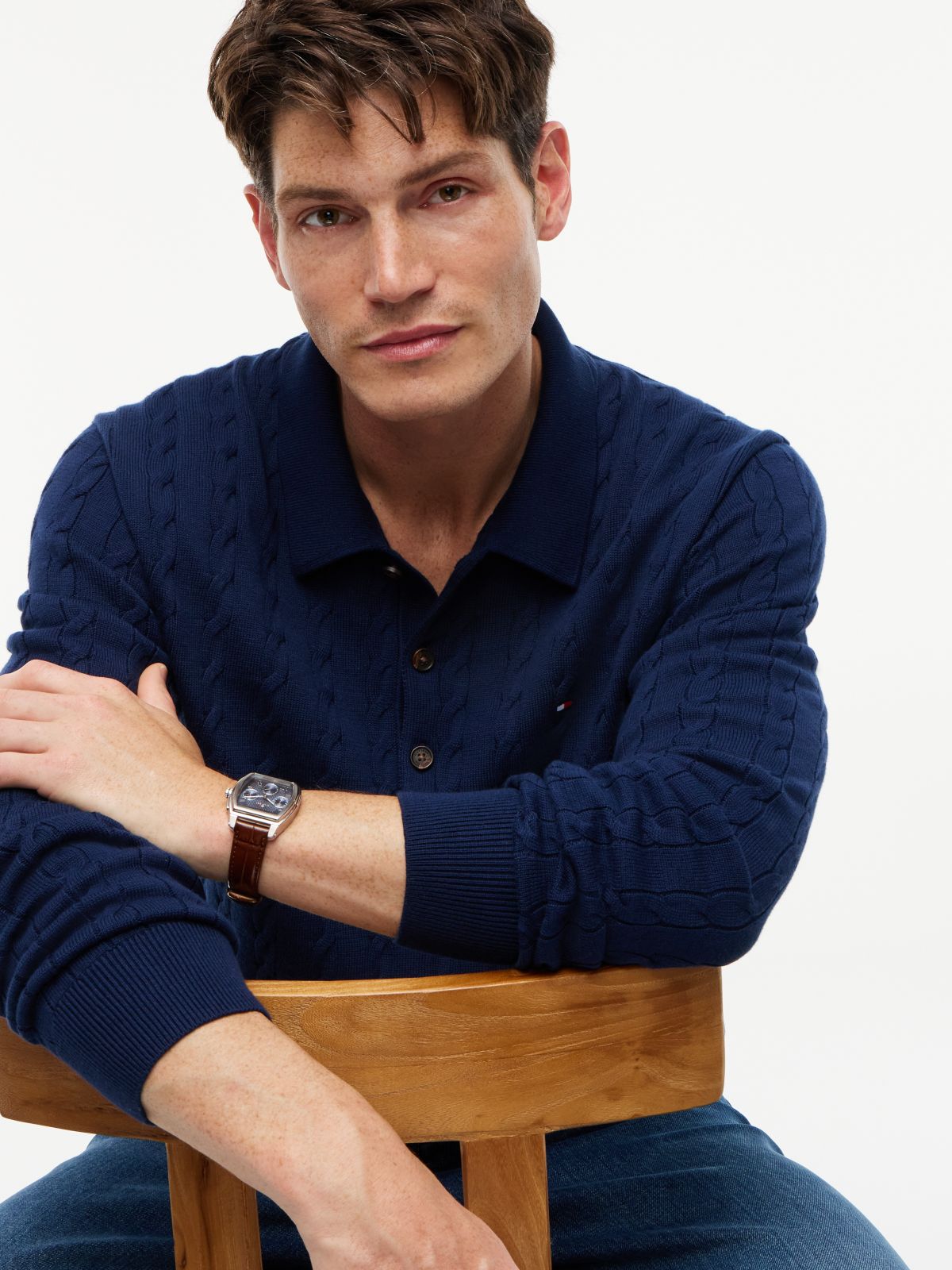 Long-Sleeve Cable Knit Sweater Polo — Carbon Navy