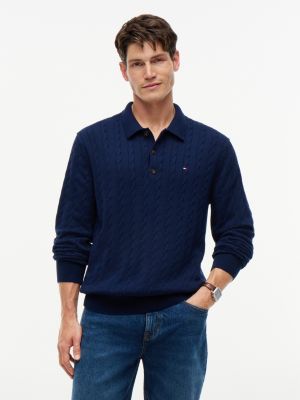 Long-Sleeve Cable Knit Sweater Polo, Carbon Navy