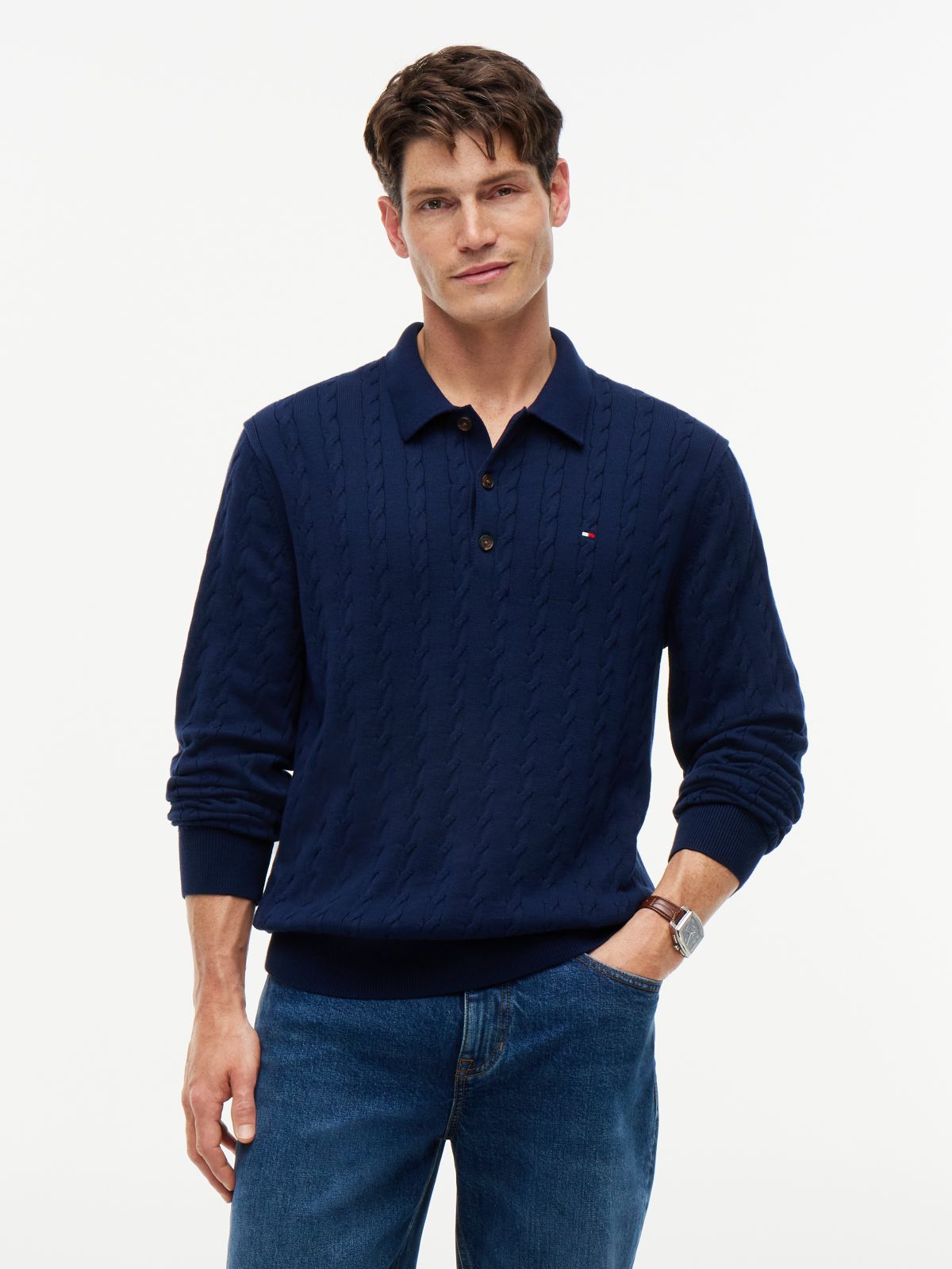 Long-Sleeve Cable Knit Sweater Polo — Carbon Navy