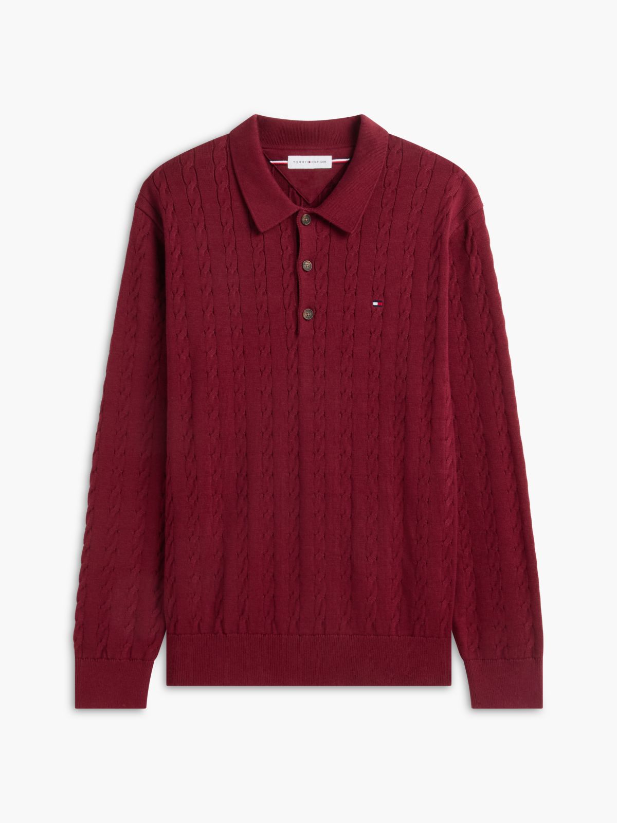 Long-Sleeve Cable Knit Sweater Polo — Burgundy