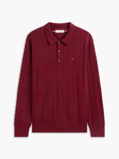 Long-Sleeve Cable Knit Sweater Polo — Burgundy 5