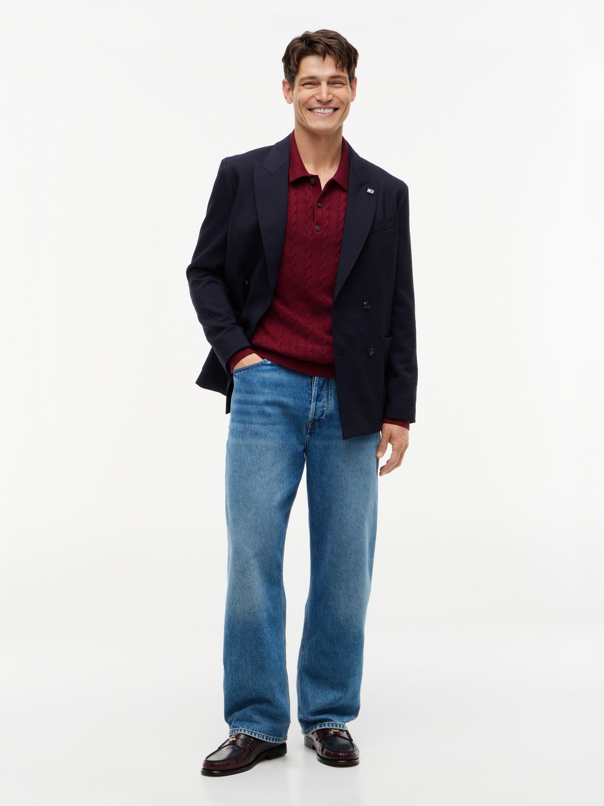 Long-Sleeve Cable Knit Sweater Polo — Burgundy