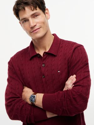 Мужские рубашки Tommy Hilfiger Long-Sleeve Cable Knit Sweater Polo, цвет: Бордовый — фото 3