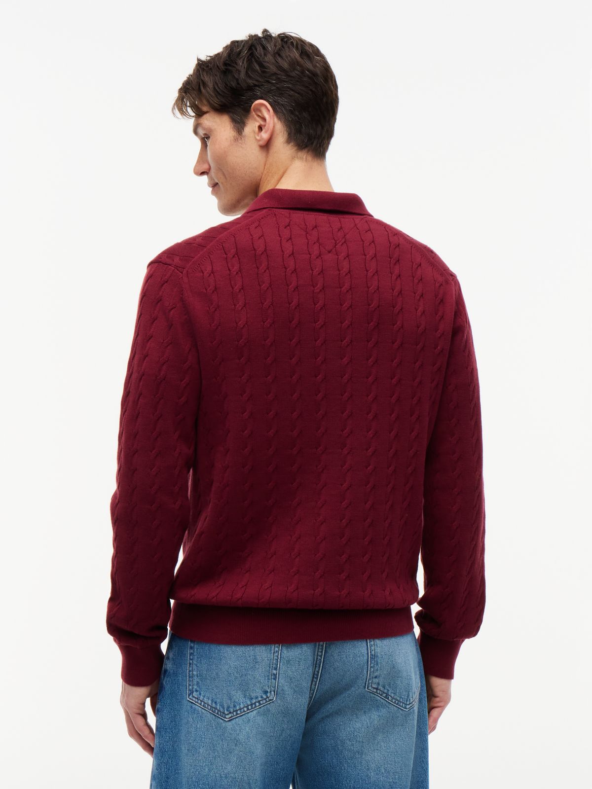 Long-Sleeve Cable Knit Sweater Polo — Burgundy