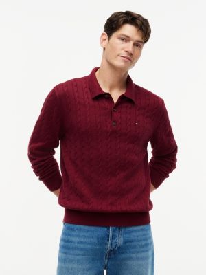 Long-Sleeve Cable Knit Sweater Polo, Burgundy