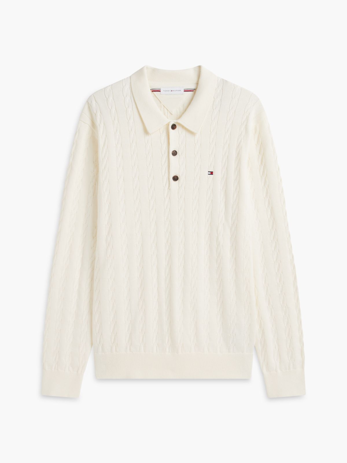 Long-Sleeve Cable Knit Sweater Polo — Rich Cream