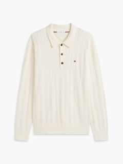Long-Sleeve Cable Knit Sweater Polo — Rich Cream 5