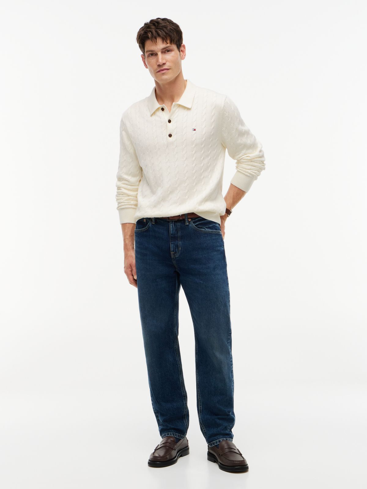 Long-Sleeve Cable Knit Sweater Polo — Rich Cream