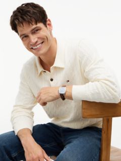 Long-Sleeve Cable Knit Sweater Polo — Rich Cream 3