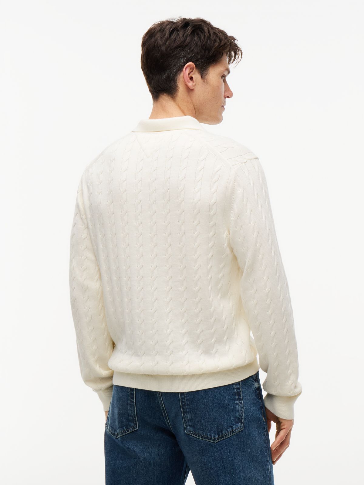 Long-Sleeve Cable Knit Sweater Polo — Rich Cream