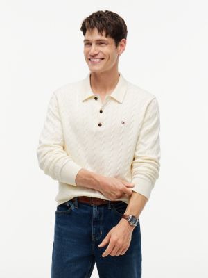 Long-Sleeve Cable Knit Sweater Polo, Rich Cream
