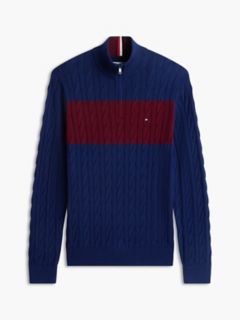 Cable Knit Striped Quarter-Zip Sweater — Preppy Navy 5