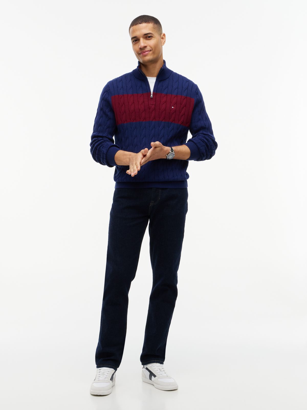 Cable Knit Striped Quarter-Zip Sweater — Preppy Navy