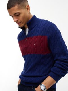 Cable Knit Striped Quarter-Zip Sweater — Preppy Navy 3