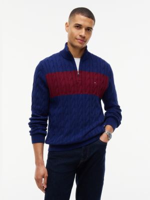 Cable Knit Striped Quarter-Zip Sweater, Preppy Navy