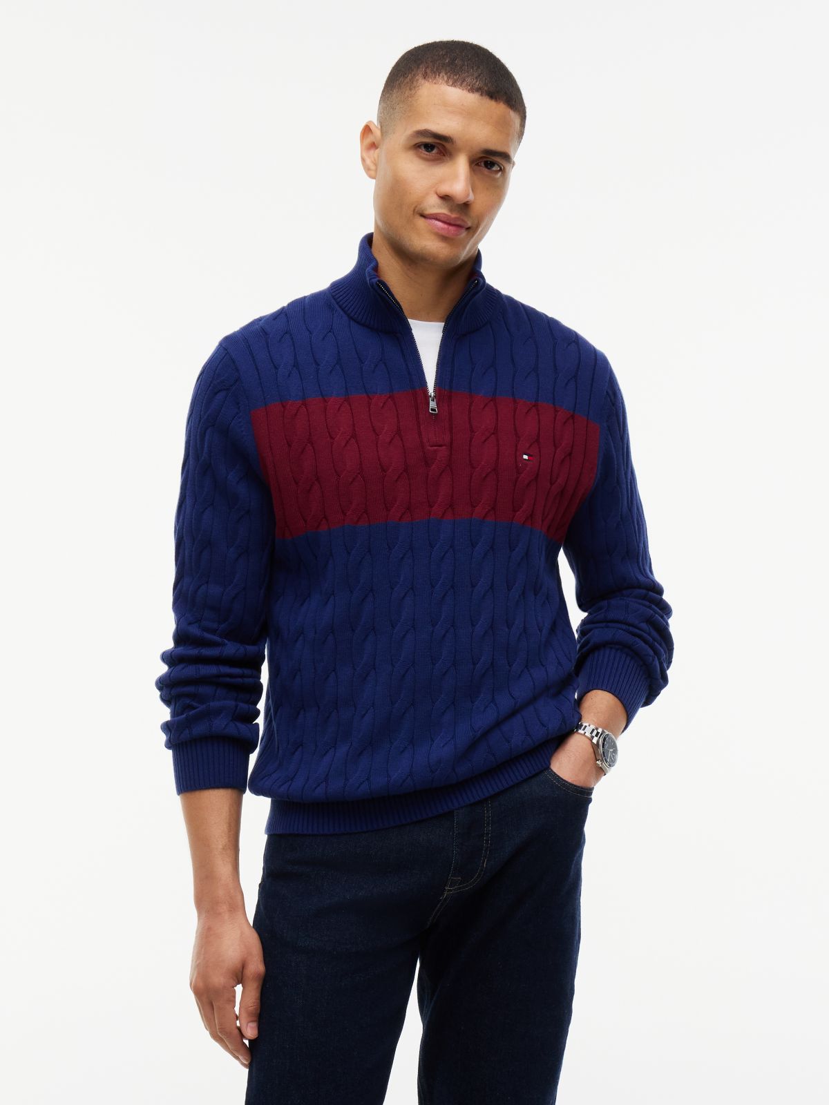 Cable Knit Striped Quarter-Zip Sweater — Preppy Navy