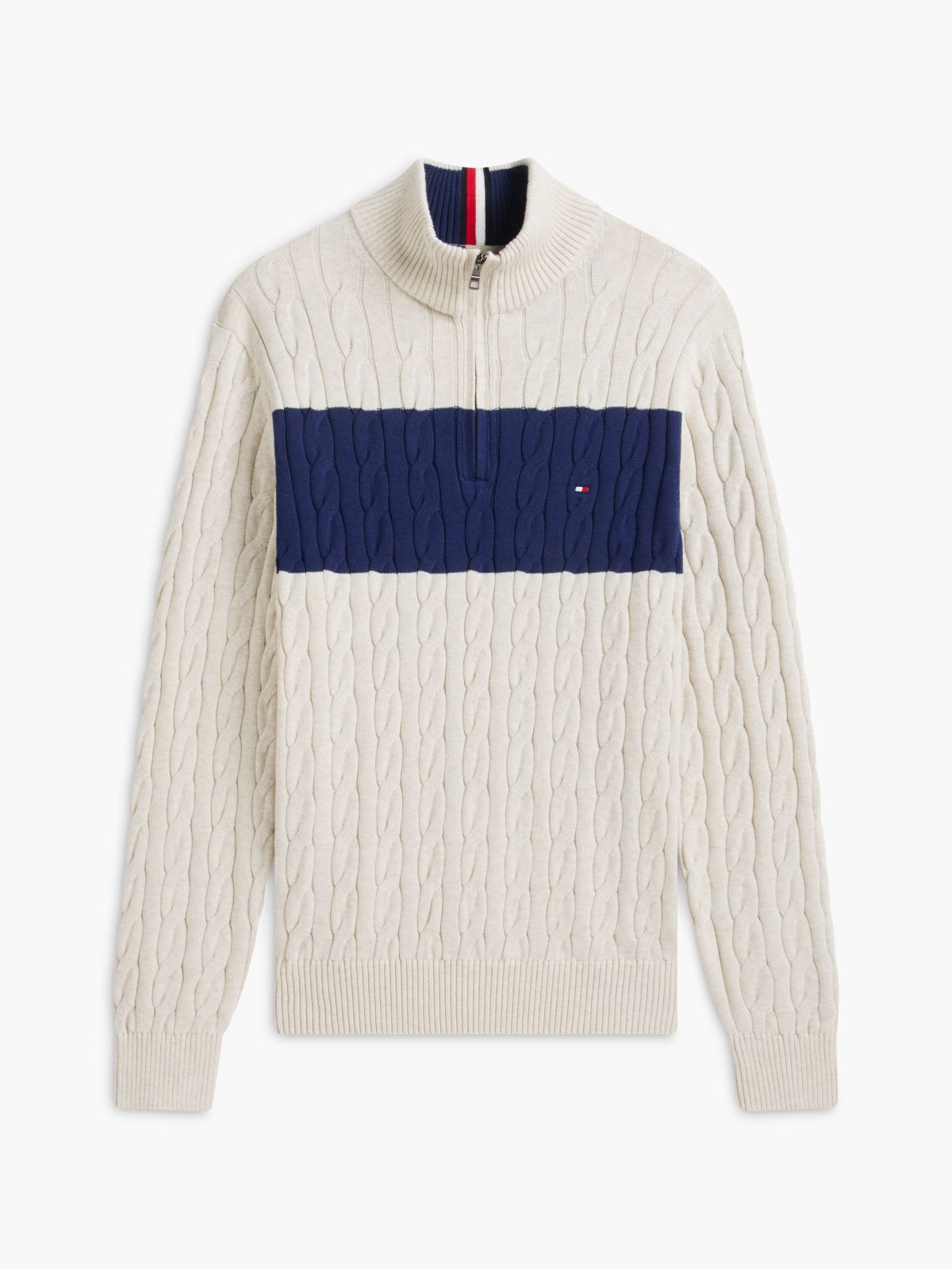 Cable Knit Striped Quarter-Zip Sweater — Beige