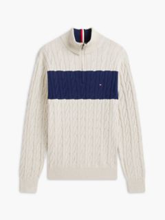 Cable Knit Striped Quarter-Zip Sweater — Beige 5