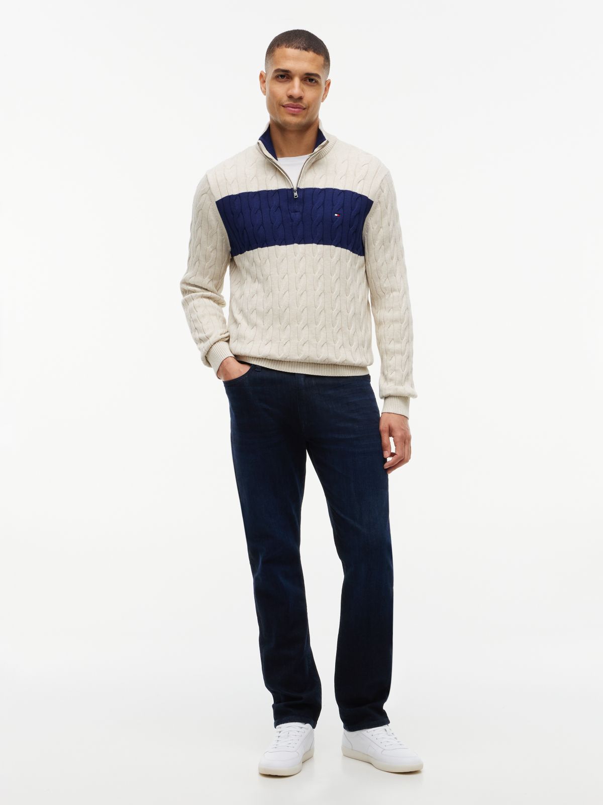 Cable Knit Striped Quarter-Zip Sweater — Beige