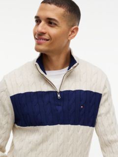 Cable Knit Striped Quarter-Zip Sweater — Beige 3