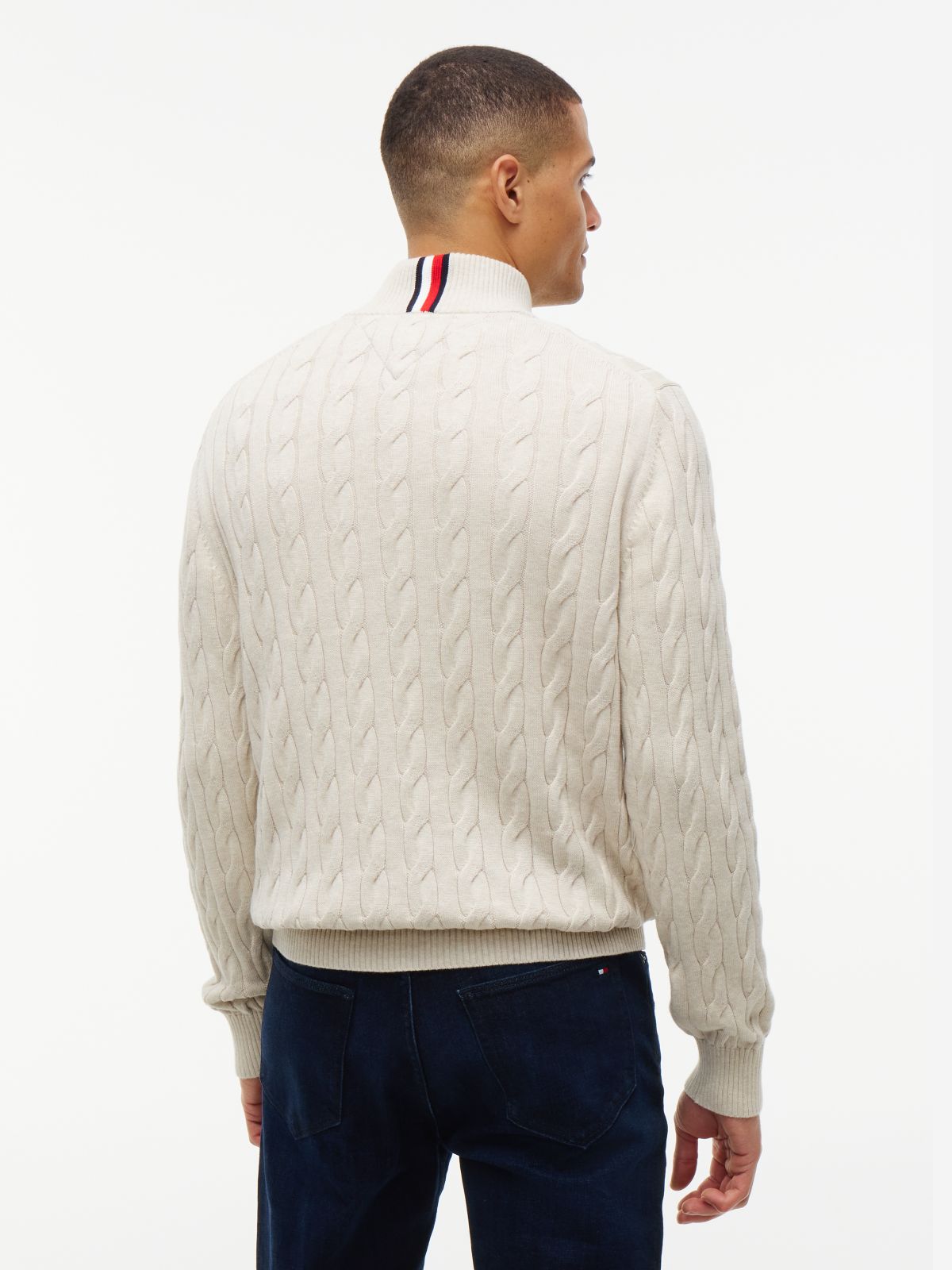 Cable Knit Striped Quarter-Zip Sweater — Beige
