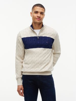 Cable Knit Striped Quarter-Zip Sweater, Beige