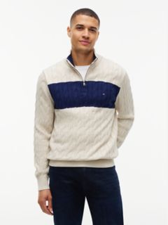 Cable Knit Striped Quarter-Zip Sweater — Beige 1