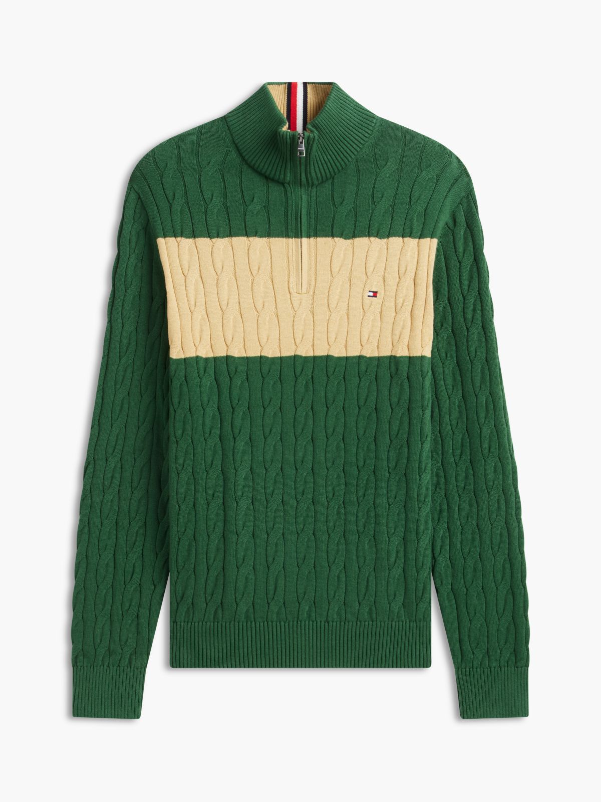 Cable Knit Striped Quarter-Zip Sweater — Deep Evergreen