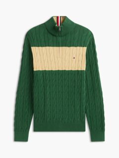 Cable Knit Striped Quarter-Zip Sweater — Deep Evergreen 5