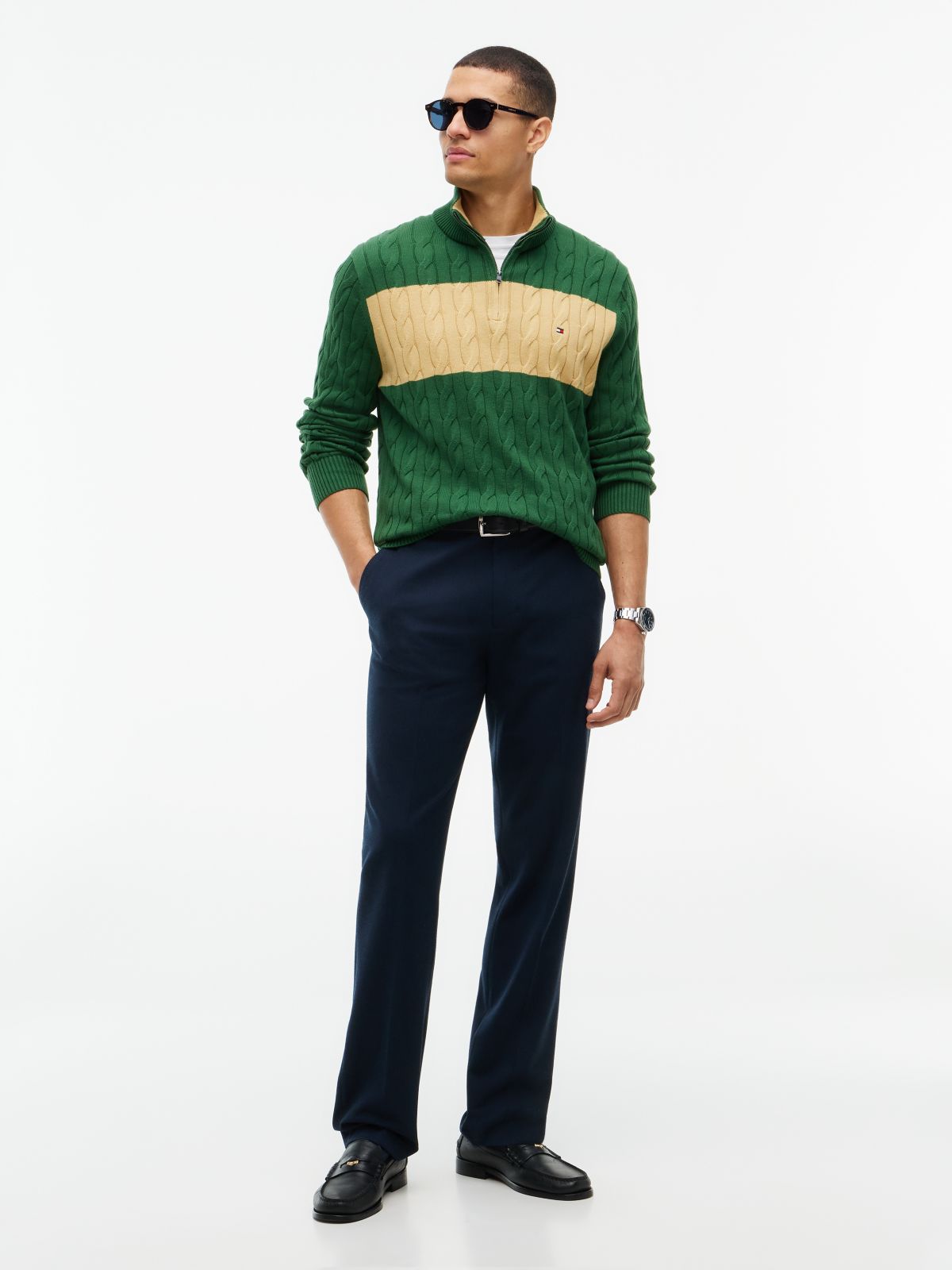 Cable Knit Striped Quarter-Zip Sweater — Deep Evergreen