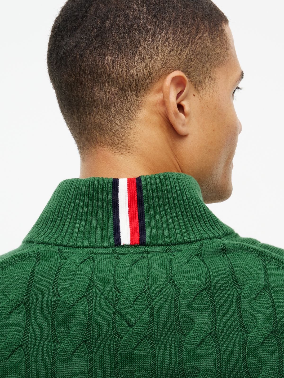 Cable Knit Striped Quarter-Zip Sweater — Deep Evergreen